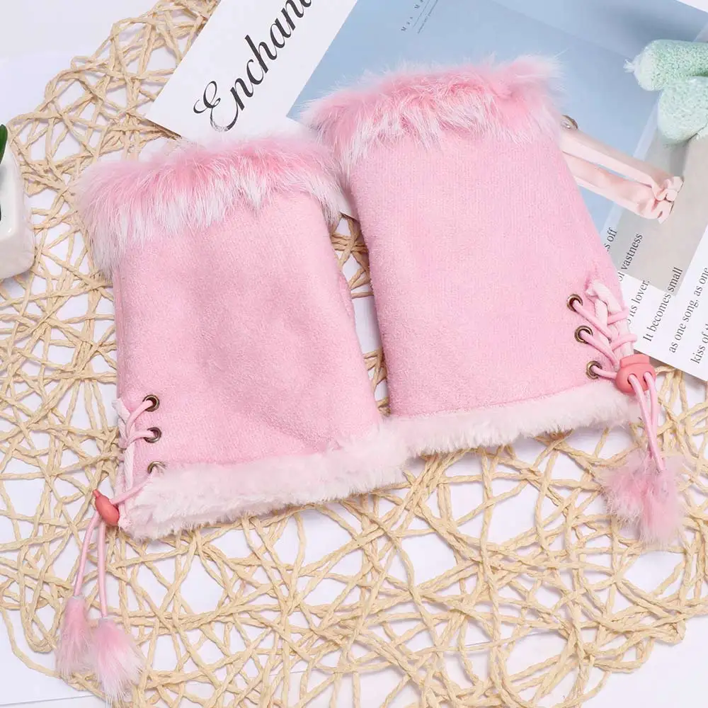 Новые теплые зимние женские кожаные перчатки без пальцев с кроличьим мехом для