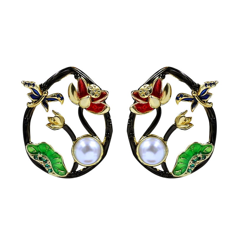 

Ajojewel Enamel Lotus Flower Leaf Stud Earrings For Women Freshwater Pearl Earrings Vintage Jewelry Wholesale Girlfriend Gift