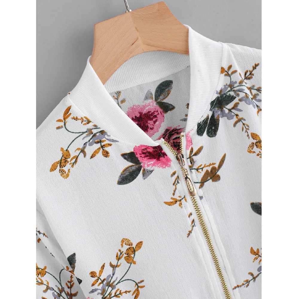 

WoMen Vintage Baseball Jacket Spring Long Floral Printing Zipper Up Bomber Cardigan Women VogueCoat Outwear Stand Collar Top