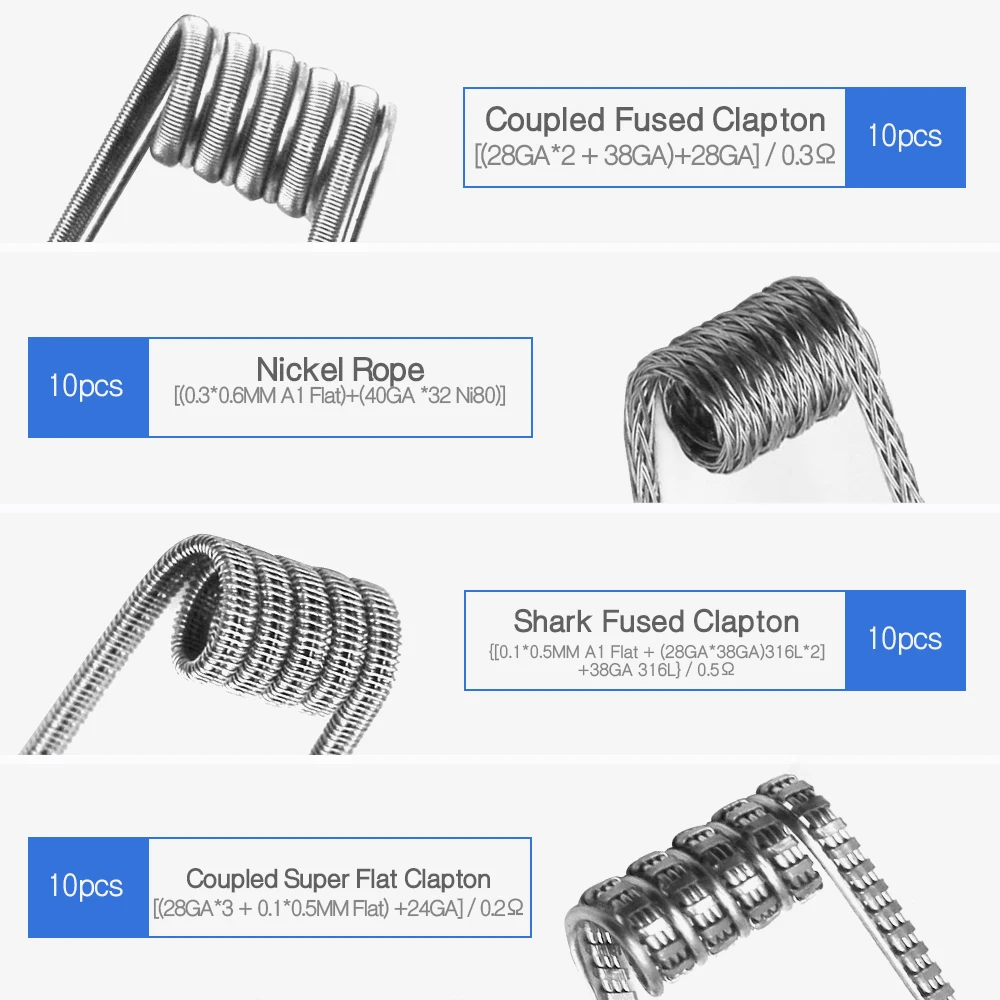 

Vapethink Vape Coil Wire 10pcs Coupled Fused Super Nickel Rope Shark Fused Clapton Prebuilt Coil Clapton For Rda Rba Wick Wire