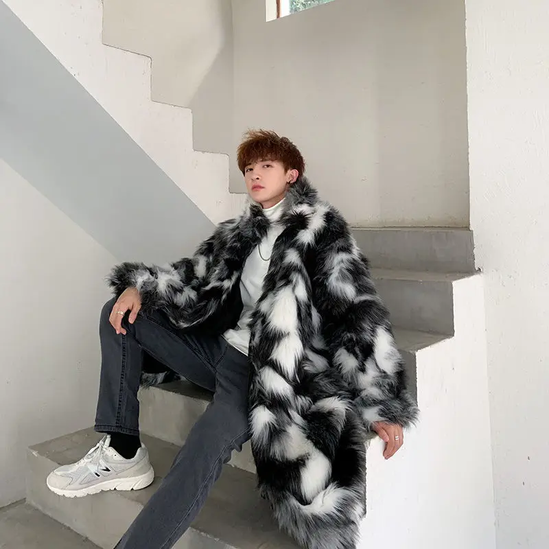 Fox Fur Men's Wear Trendy Long Over-the-knee Faux Fur Cotton Jacket Warmth Thick Windproof Cloak Hip-hop Imitation Casual Jacket