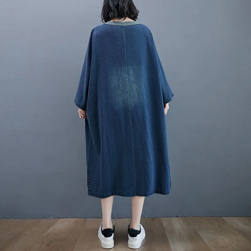 

Oversized Women Casual Denim Dresses New 2020 Autumn Vintage Style V-neck Big Pockets All-match Loose Female Long Dress S2442
