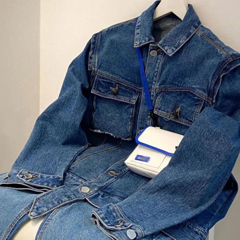 

VGH Vintage Blue Denim Jacket For Women Lapel Long Sleeve Patchwork Pocket Casual Short Jackets Female 2021 Spring Fashion Style