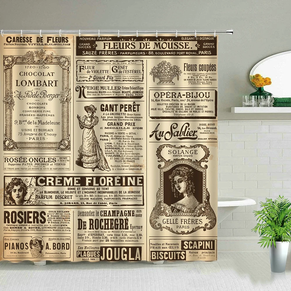

Paris Shower Curtain Retro Vintage Old Historic Newspaper Cloth Curtains Bathroom Decor Bath Accessories Cheap Waterproof Fabric