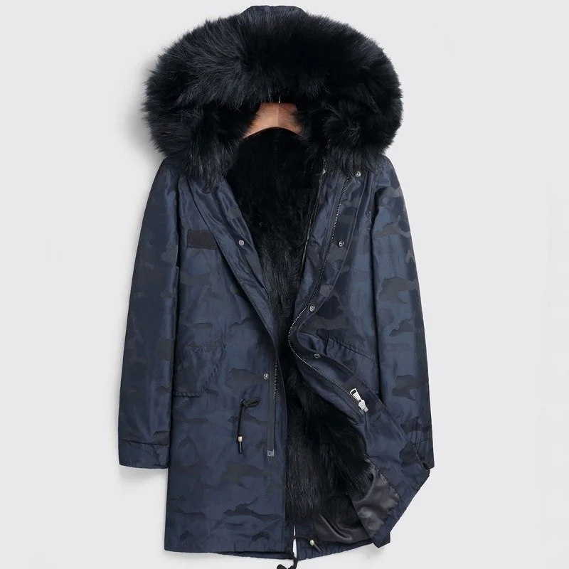 Новая зимняя мужская парка из натурального меха енота средней длины пальто с