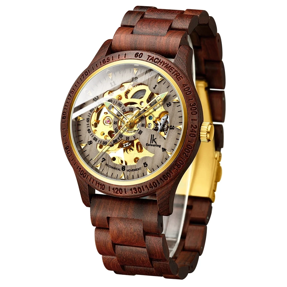 

Классические часы IK royal design, Мужские автоматические механические часы с деревянным ремешком, полые прозрачные Спортивные часы для дайвинга,...