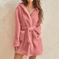 fashion women winter warm hooded plush flannel thicken kimono bathrobe home clothes long sleeved short robe sleepwear nightwear