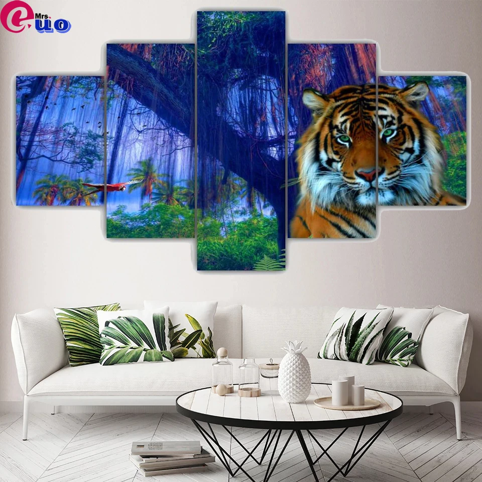 

Multi-Picture 5d DIY Diamond Painting "Tiger In The Jungle" 5d Cross Stitch Mosaic Diamond Embroidery 5Pcs/set