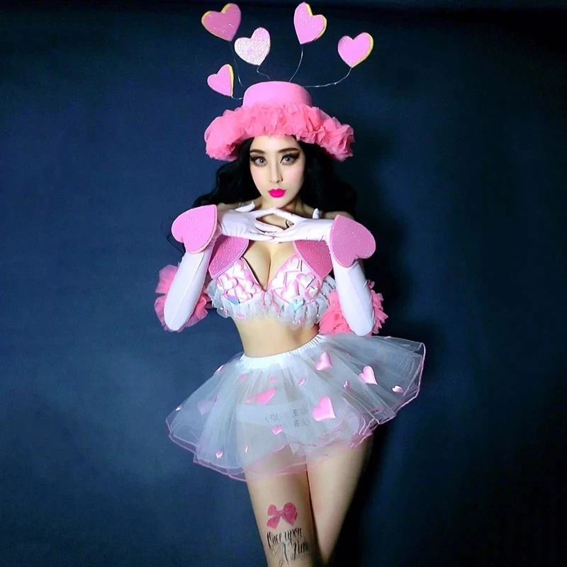Valentine's Day Bar Nightclub Party Costume Sexy Lovely Pink Bikini Skirt Set Jazz Dance Team Performance DJ Singer Stage Outfit |