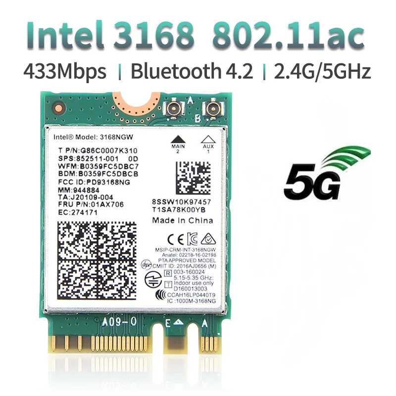 

New Intel 3168 NGW 2.4G / 5G Dual Band WiFi M.2 2230 Receiver Wireless 802.11AC 600Mbps Bluetooth 4.2 Module NGFF Network Card