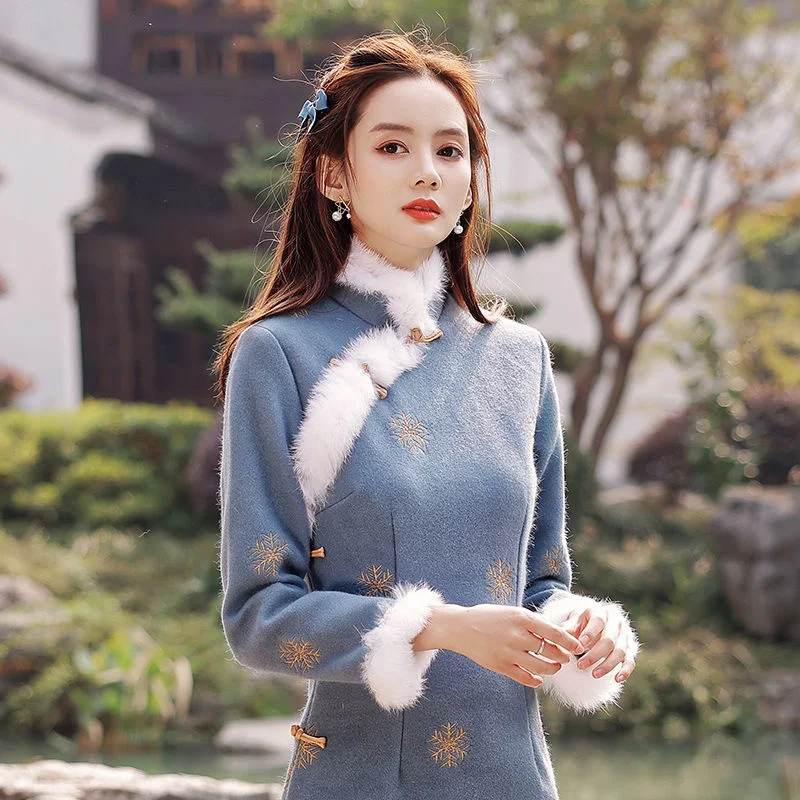 Qipao женское Красное розовое осеннее китайское платье с длинным рукавом ханьфу