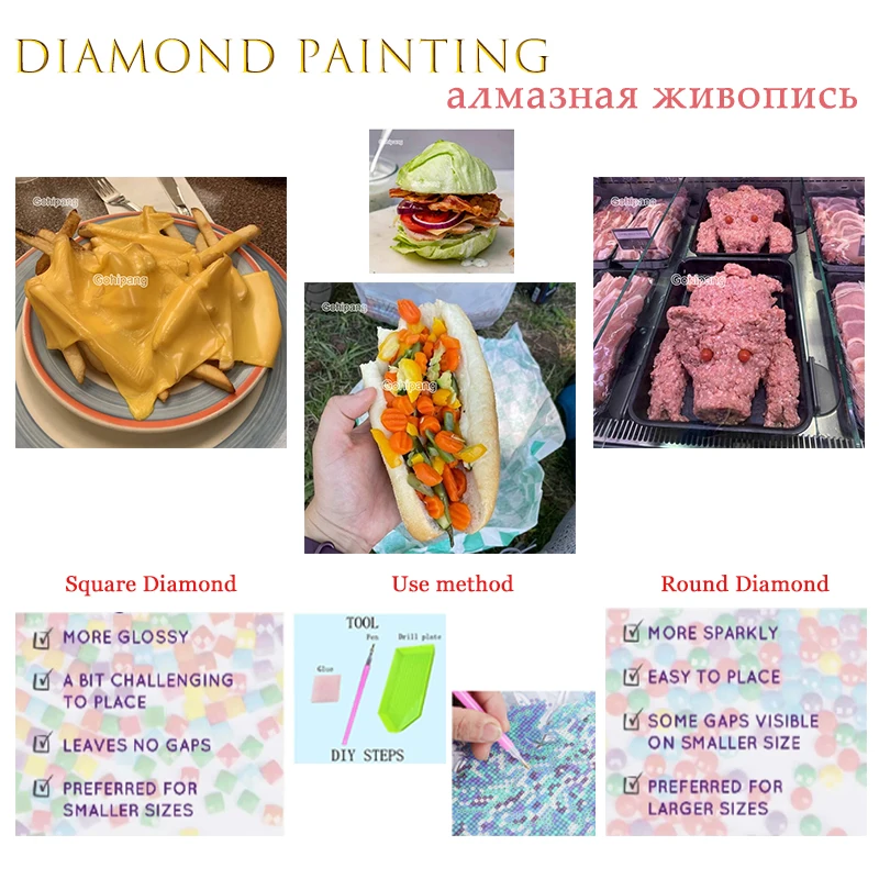 

Diamond Art Painting Cute Cartoon-Shaped Food Meat Bread Vegetable Square or Round Diamond Rhinestone Home Rooms Wall Decoration