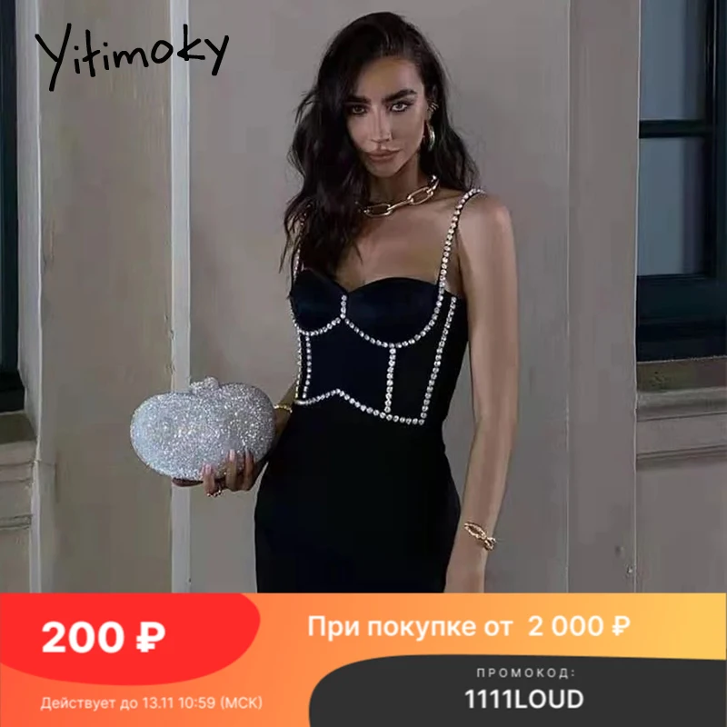 

Yitimoky Dress for Women High Quality 2021 Black Sleeveless Street Fashion Sexy Bandage Crystal Party Mini Spaghetti Strap Chain