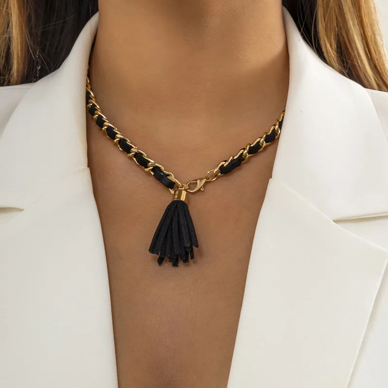 

Women Jewelry Black Artificial Suede Tassel Pendant Necklace 2021 New Trend Vintage Golden Silvery Necklace For Women Girl