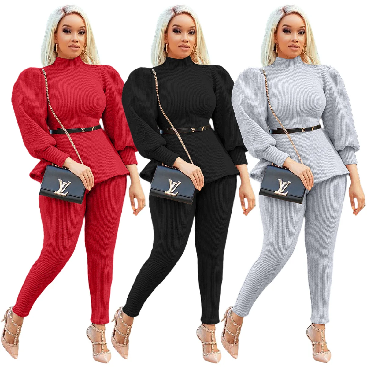 

2021 Autumn Winter 2 Piece Sets Womens Outfits Solid Color Half Collar Lantern Sleeve Two Piece Set Woman Clothing Without Belt