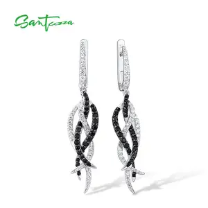 Женские серебряные серьги SANTUZZA, из серебра 925 пробы, с черной шпинелью и белым кубическим цирконием, классические ювелирные украшения из драгоценных камней