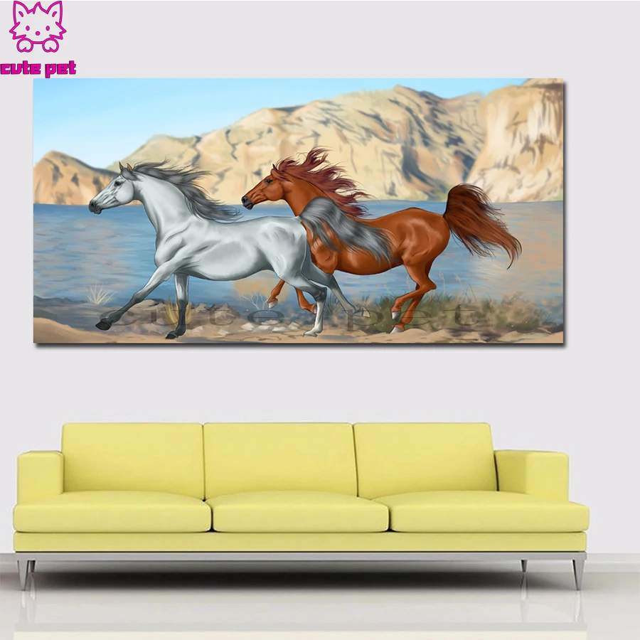 Алмазная вышивка полная квадратная круглая с двумя скакающими лошадьми алмазная