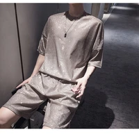flashing silver sequins polarized color mens bright top shorts casual two piece suit short sleeved t shirt beach pants