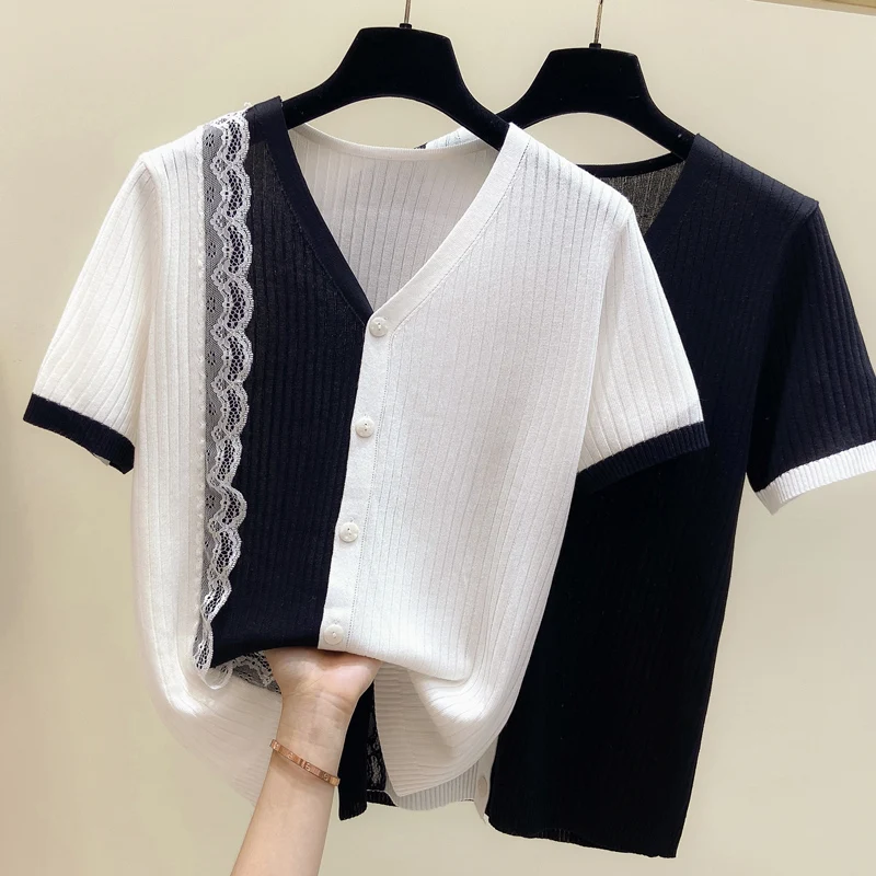 

M-4XL Size 2022 Summer Women Sweaters Lace Silk Pullover V-Neck Short Slim Button Korean Jumpers Candy Color Female Tops