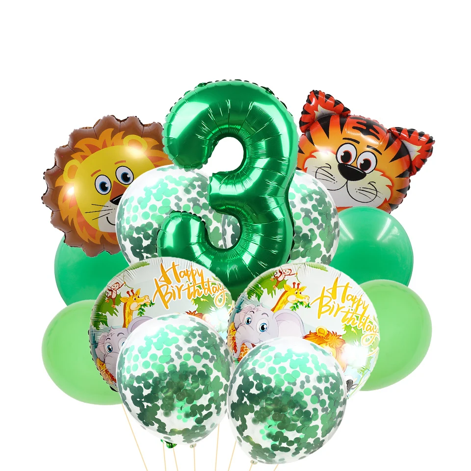 

14pcs Green Confetti Balloon Wild Animal Tiger Lion Balloons For Kids Birthday Party Decoration Jungle Safari Wild One Party
