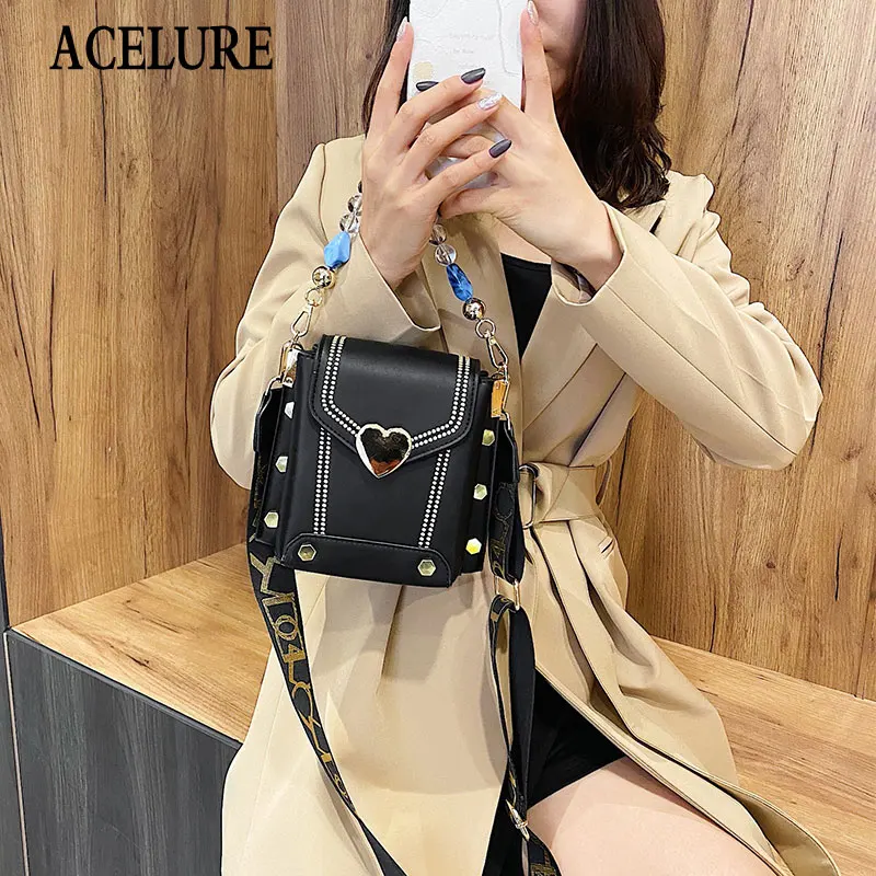 

ACELURE Solid Color Heart Hasp Handbags for Women Wide Strap Shoulder Crossbody Bags Female PU Leather Messenger Bags Purse