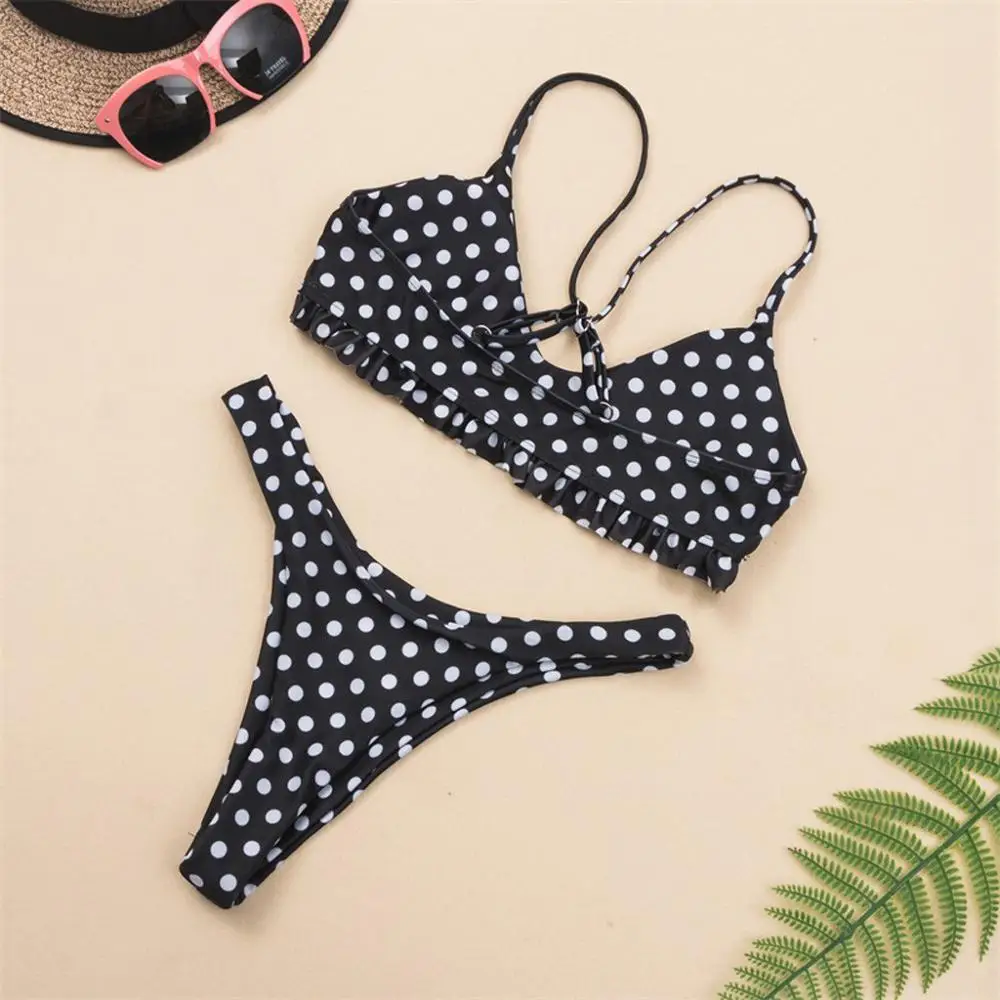 Черный точечный бикини-танга сексуальный женский комплект бикини с высокой