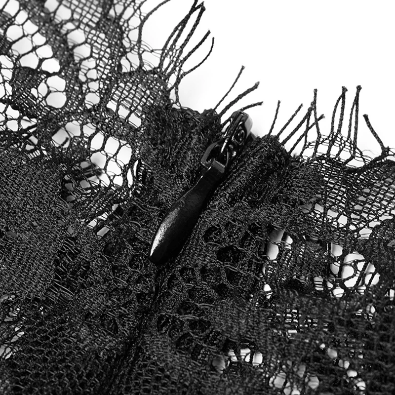 

PUNK RAVE Gothic Women Fashion Lace Stitching V-collar Lotus Leaf Elegant Black Slim Version Wrinkle-resistant Chiffon Dress