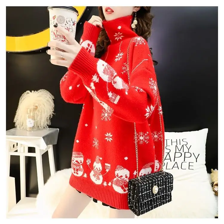 Рождественская красная водолазка пуловер свитер женская новая осенне-зимняя