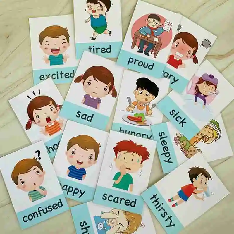 14pcs Montessori Kids English Learning Cards Cartoon Emotion Flash Card For Children Baby Early Educational Memory Game Toys | Игрушки и