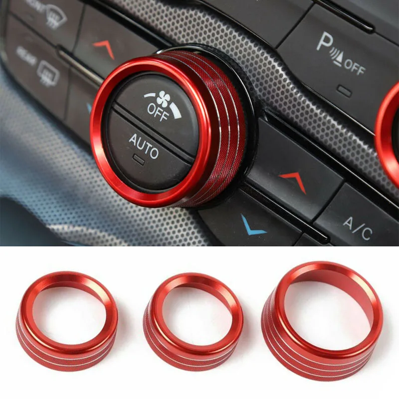 

Replacement Switch Knob Trim Set Red Ring 3Pcs A/C Aluminum Alloy Auto