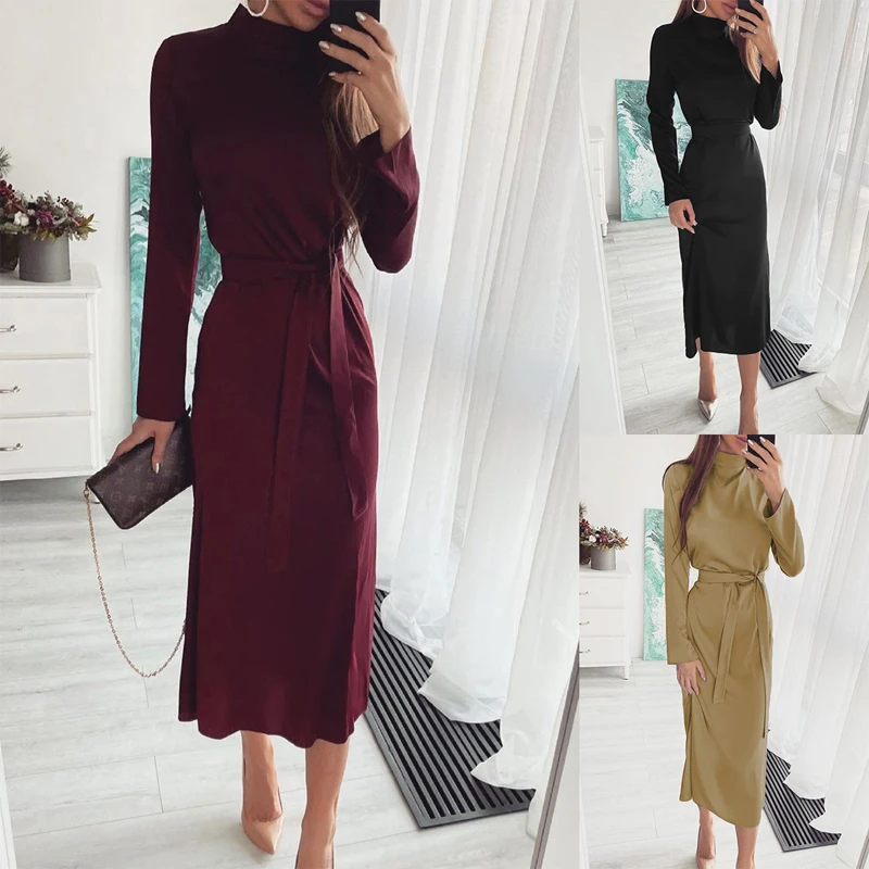 

Fashion Turtleneck Long Sleeve Solid Midi Dress Women 2021 Autumn Casual Office Black Vintage Party Dresses For Woman With Belt