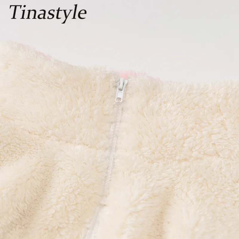 

Tinastyle Loose Imitation Lambs Wool Hoodies Women Sweatshirt Pink Patchwork Warm Turn-Down Collar Thick Pullovers Winter 2020