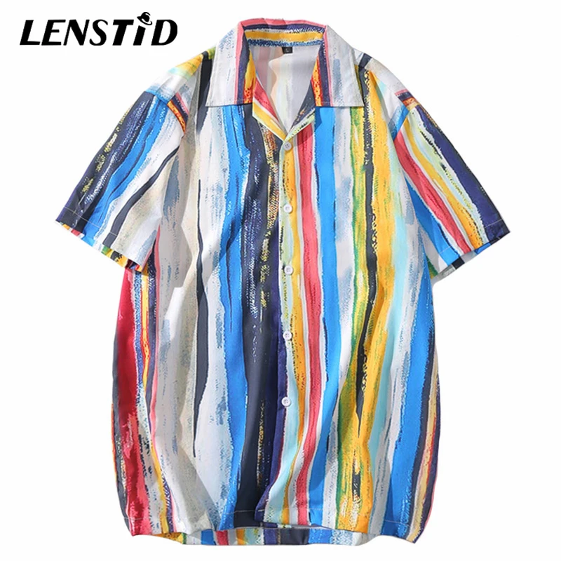 Мужская пляжная рубашка LENSTID в радужную полоску гавайская стиле хип-хоп уличная