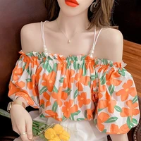 2021 summer retro printed top womens short sleeve one shoulder off shoulder floral sling french design sensual shirt