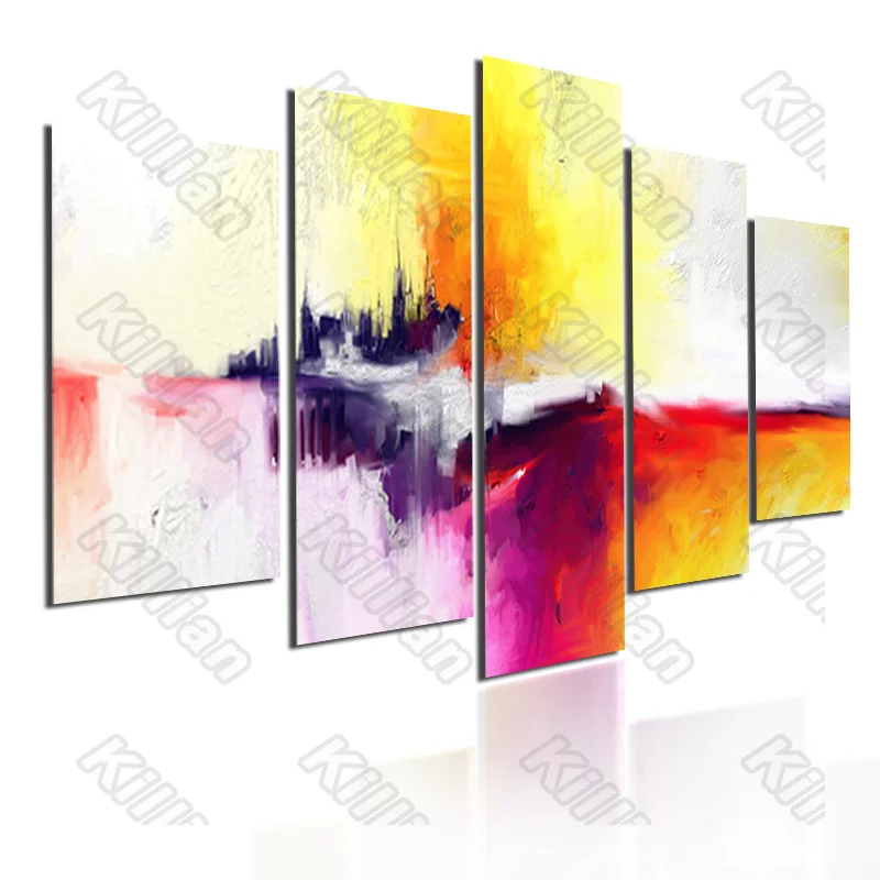 

Abstract Style Murals Canvas Painting Bed Home Decoration Prints 5 Pieces Yellow Pink Ink Evening Living Room Wall Mural