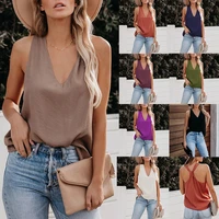 summer casual solid sleeveless tank top ladies sexy deep v neck tank tops vintage loose white womens tops and blouses streetwear