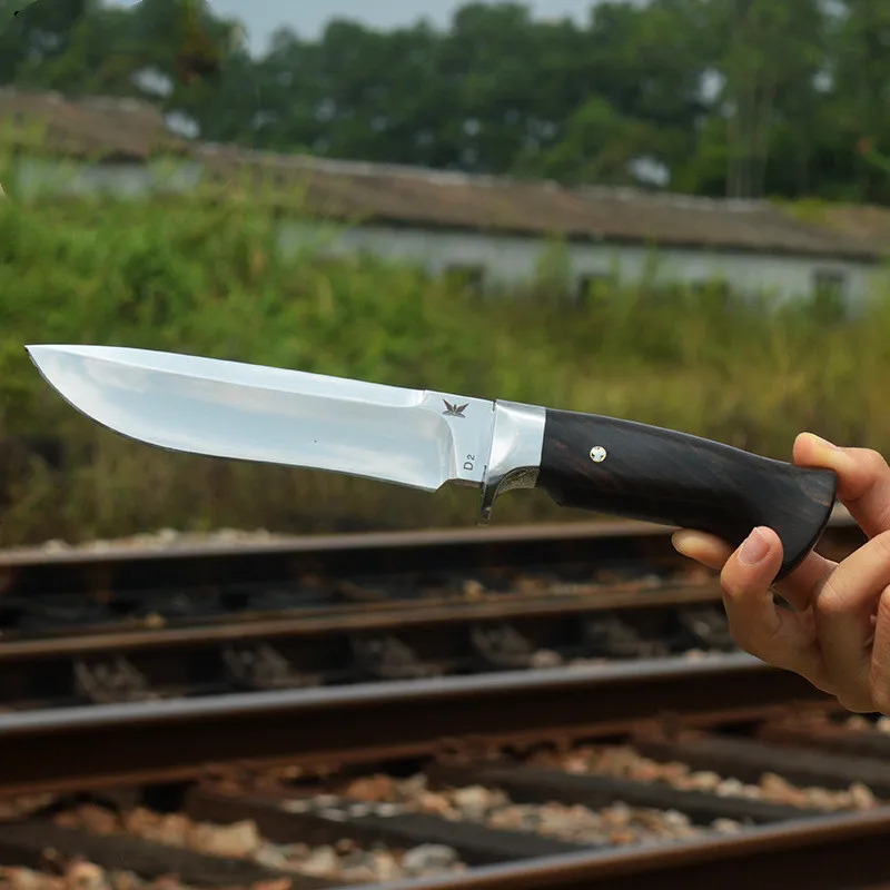 

D2 Steel Fixed Blade Mirror Light Ebony Handle 60 HRC Straight Knife Outdoor Survival Hunting Edc Utility Tool Holster Black