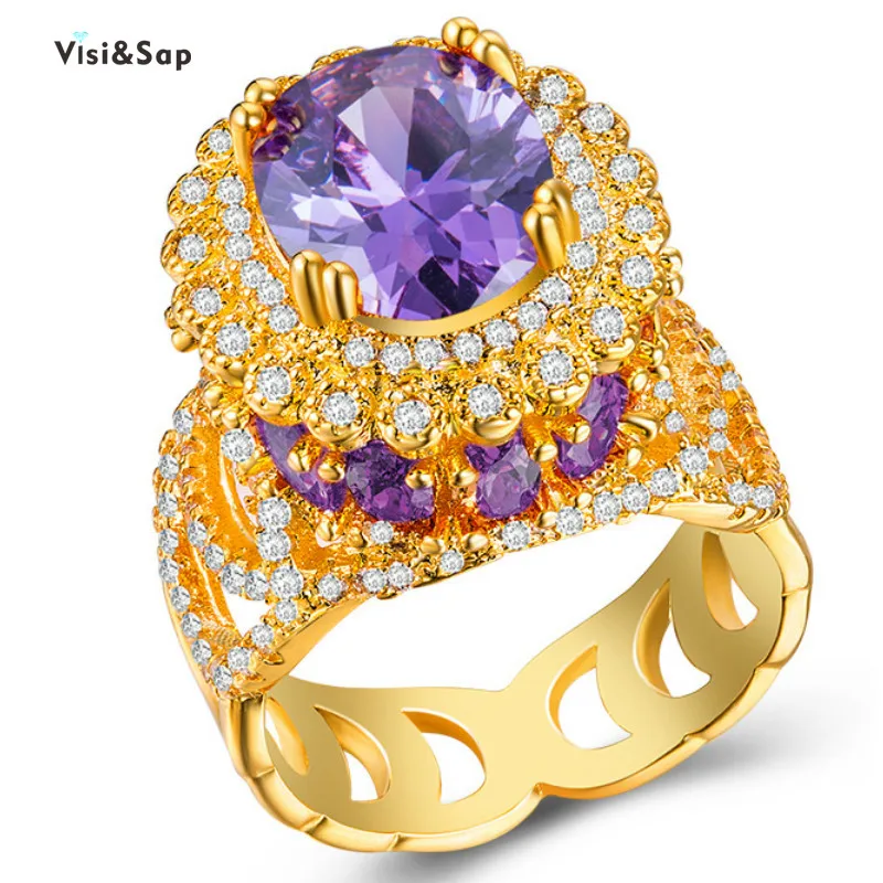 Женское кольцо с полым камнем Visisap золотистого цвета овальным фиолетовым в стиле