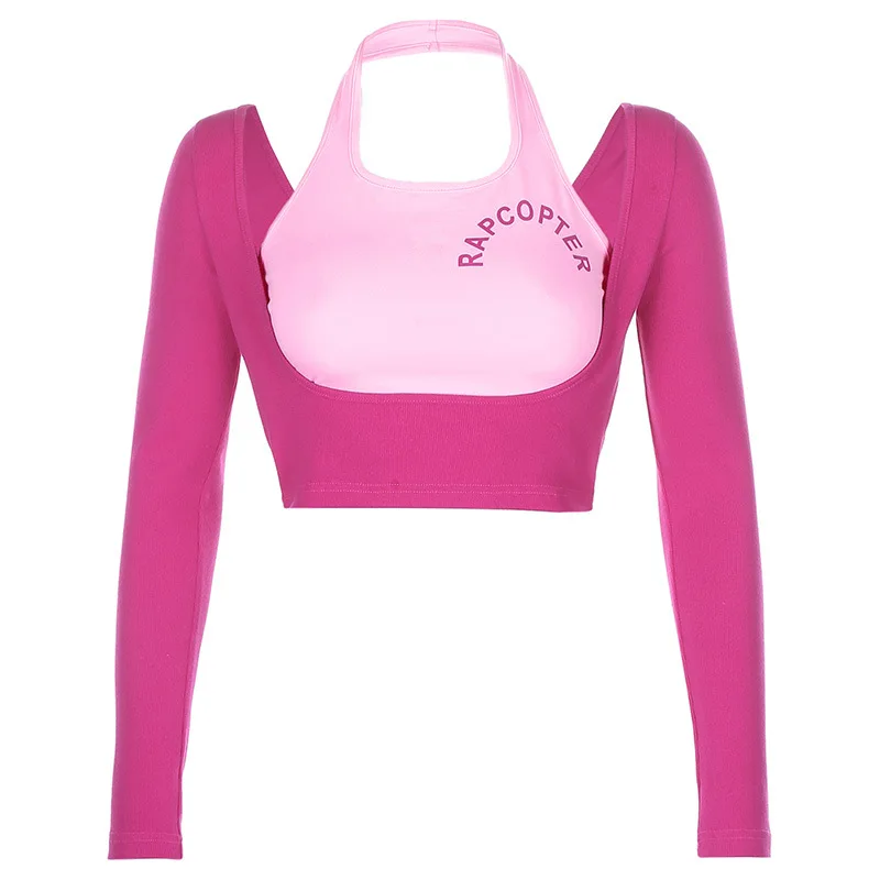 

Women Korean Chic Contrast Color Tshirts Fake Two-piece Halter Tops Women's Fall New Slim Body Long-sleeved T-shirt Hollow Out