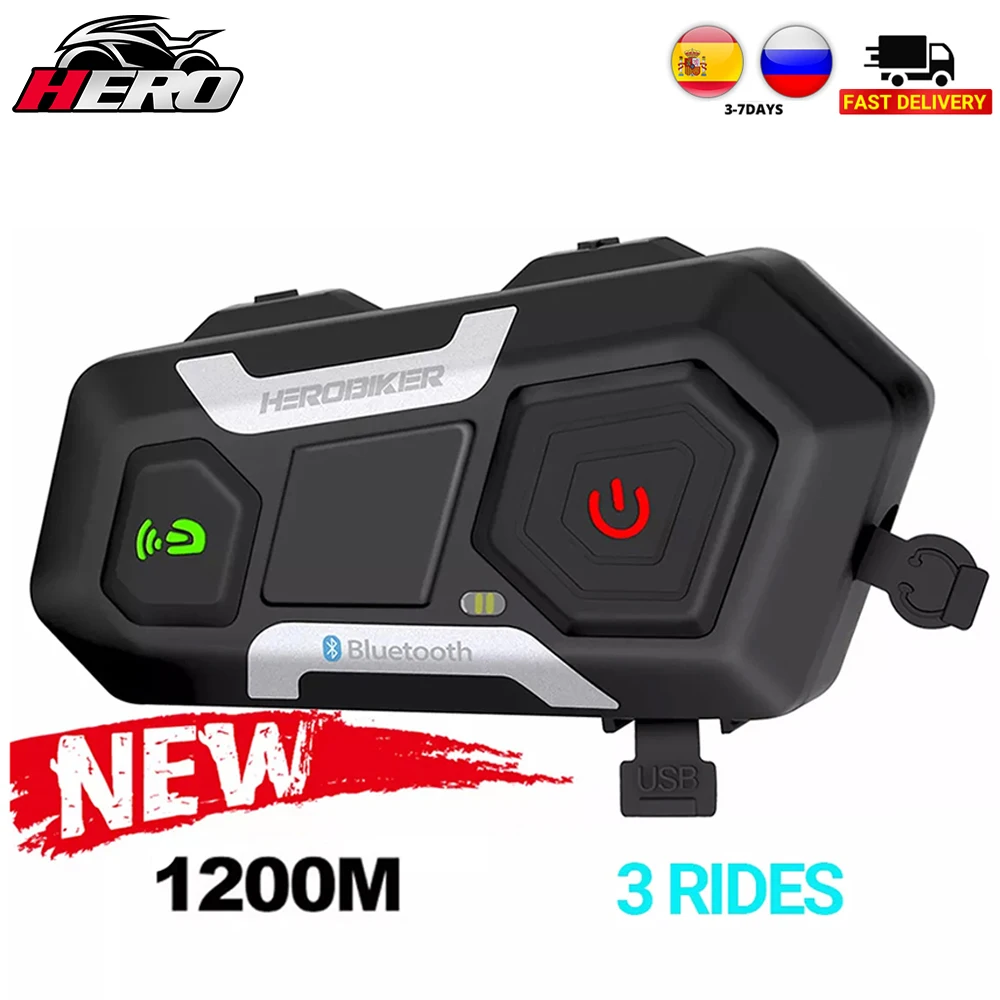 HEROBIKER Motorcycle Intercom Waterproof 1200M Bluetooth Intercom Helmet Headset Moto Headset Wireless Headset Interphone
