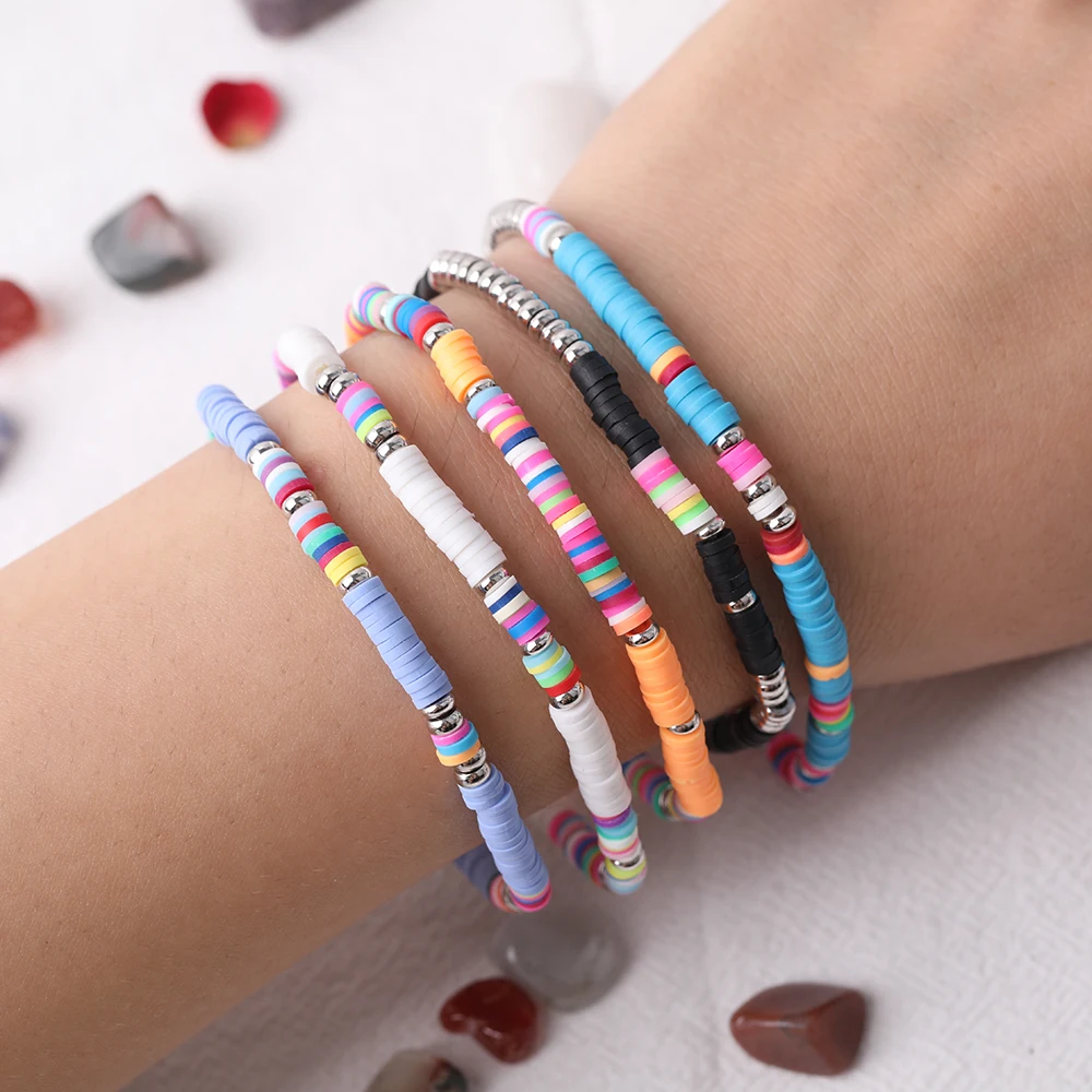 

10Pcs Rainbow Color Polymer Clay Disc Heishi 4mm Beads Elastic Stretch Bracelet Fashion Women Vinyl Beads Boho Bracelet Jewelry