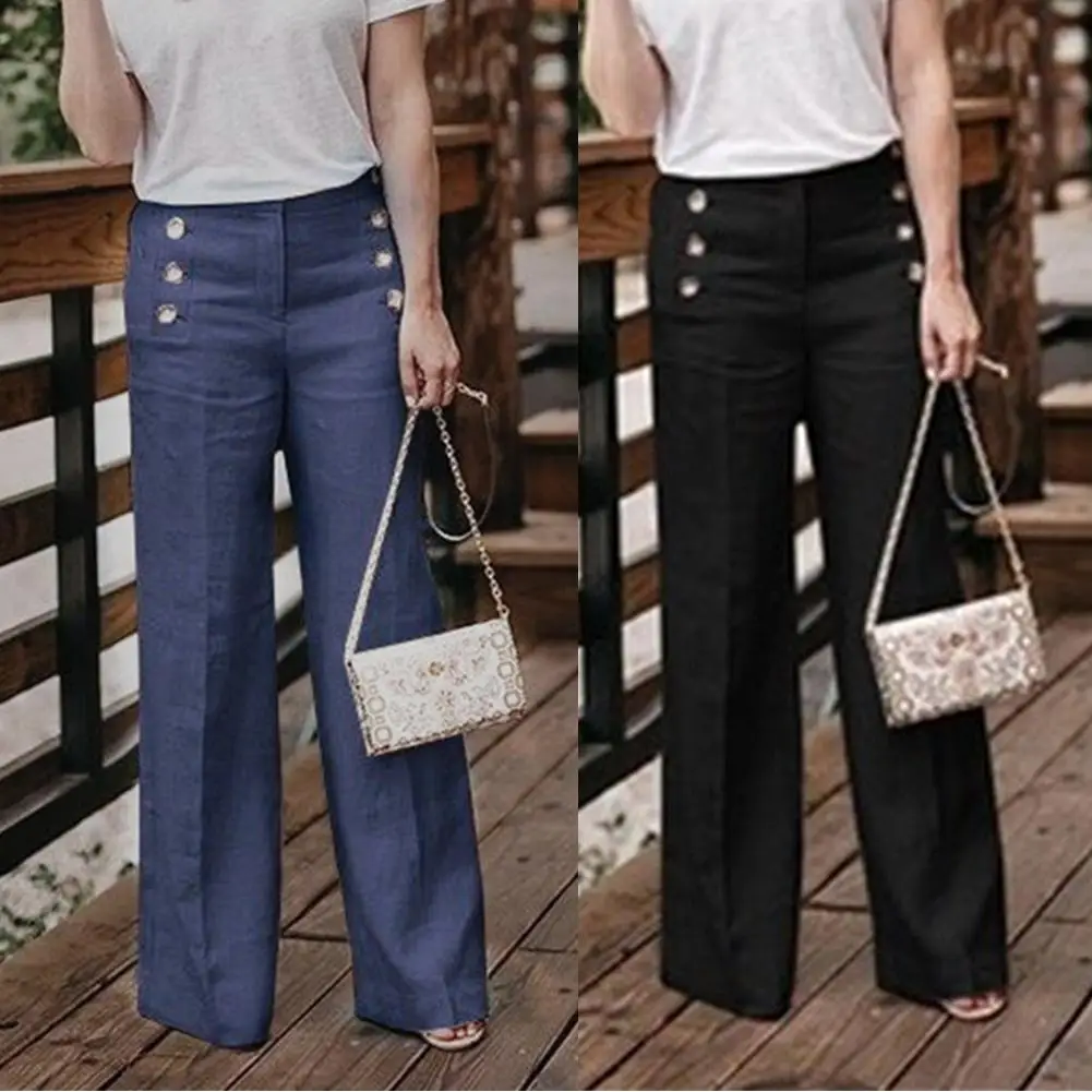 

Solid Color Buttons High Waist Wide Leg Pants Women Cotton Linen Long Trousers
