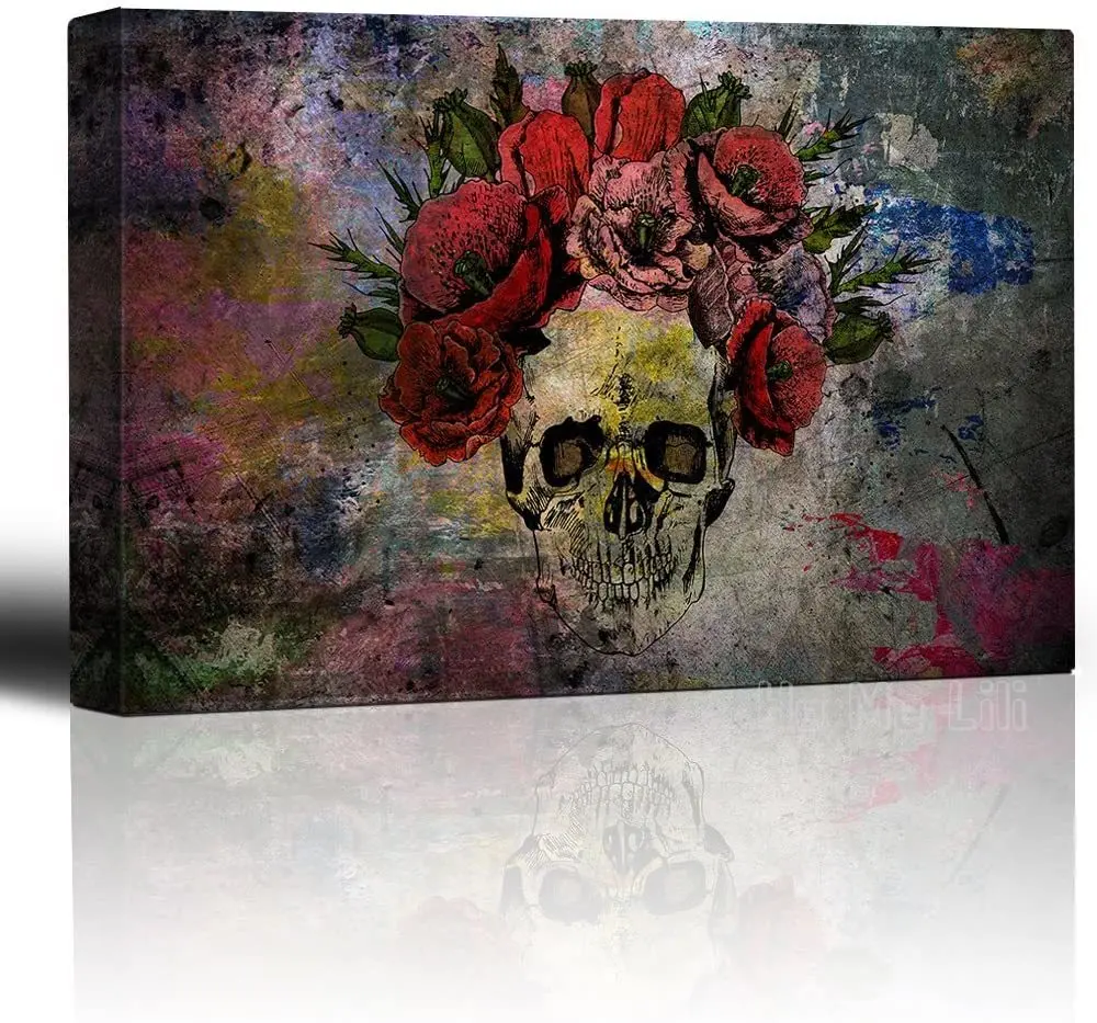 

Skull With Roses Flowers Over Colorful Paint Abstract Print Canvas Wall Home Art