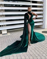 womens long velour formal evening dresses high collar sleeveless prom gowns with cloak train sexy high slit sheer front robe