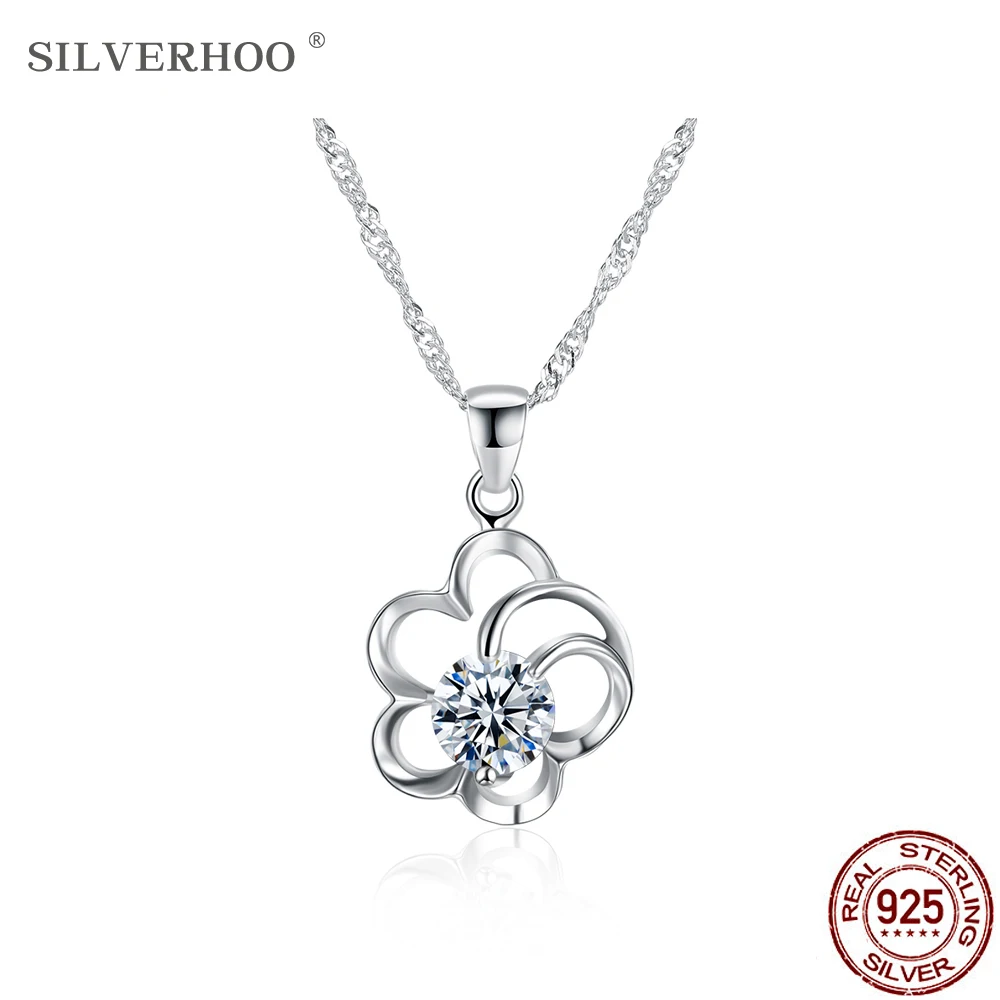 

SILVERHOO Sterling Silver 925 Necklaces For Women Cute Hollow Flower With Trendy Cubic Zirconia Pendant Necklace Jewelry Gift