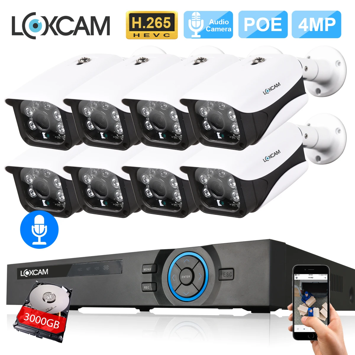 H.265 CCTV система NVR 8CH 4MP POE NVR комплект 8 шт Открытый Водонепроницаемый массив 4MP POE безопасности IP Камера P2P видео набор для наблюдения