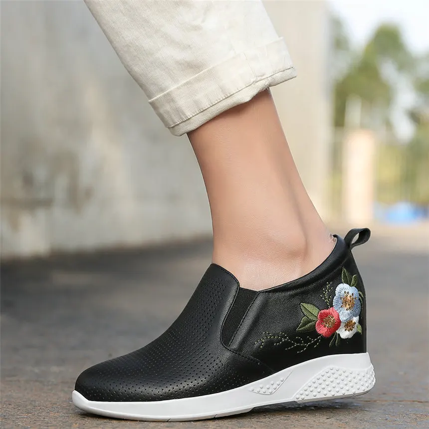 

Low Top Fashion Sneakers Women Genuine Leather Wedges High Heel Vulcanized Shoes Female Summer Breathable Platform Pumps Shoes