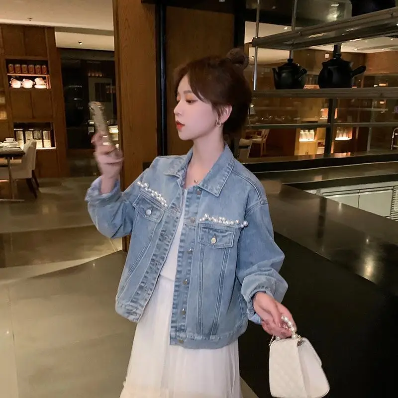 

Three-dimensional Pearl Denim Jacket Women 2021 New Loose and Versatile Spring Women's Short Tops Woman Jacket