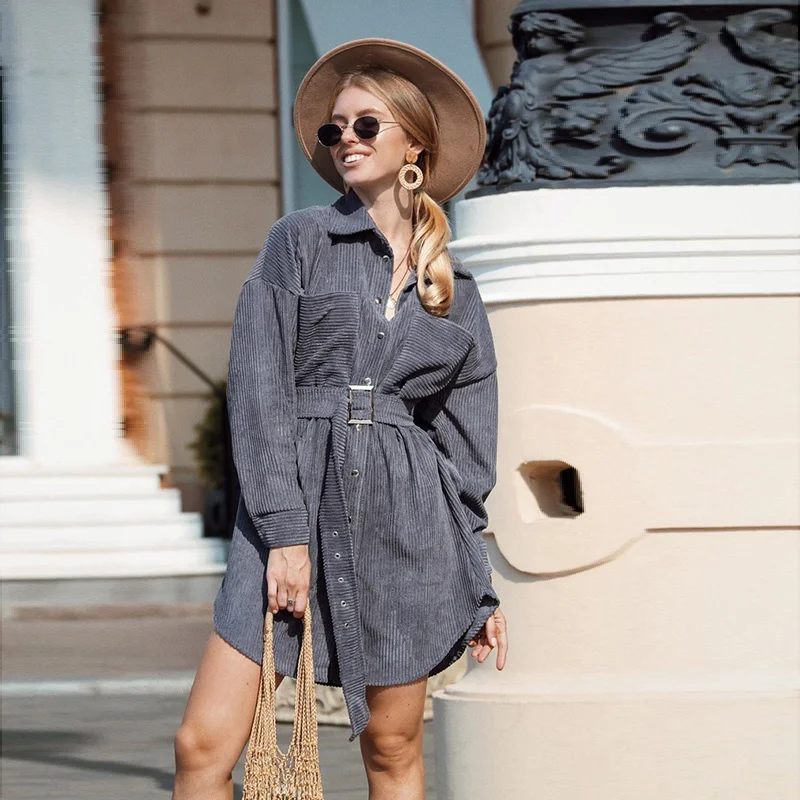 

Women Corduroy Dress Casual Turn-down Collar Lantern Sleeve Single Button Belt Slim Mini Dress Vintage Simple Solid Streetwear
