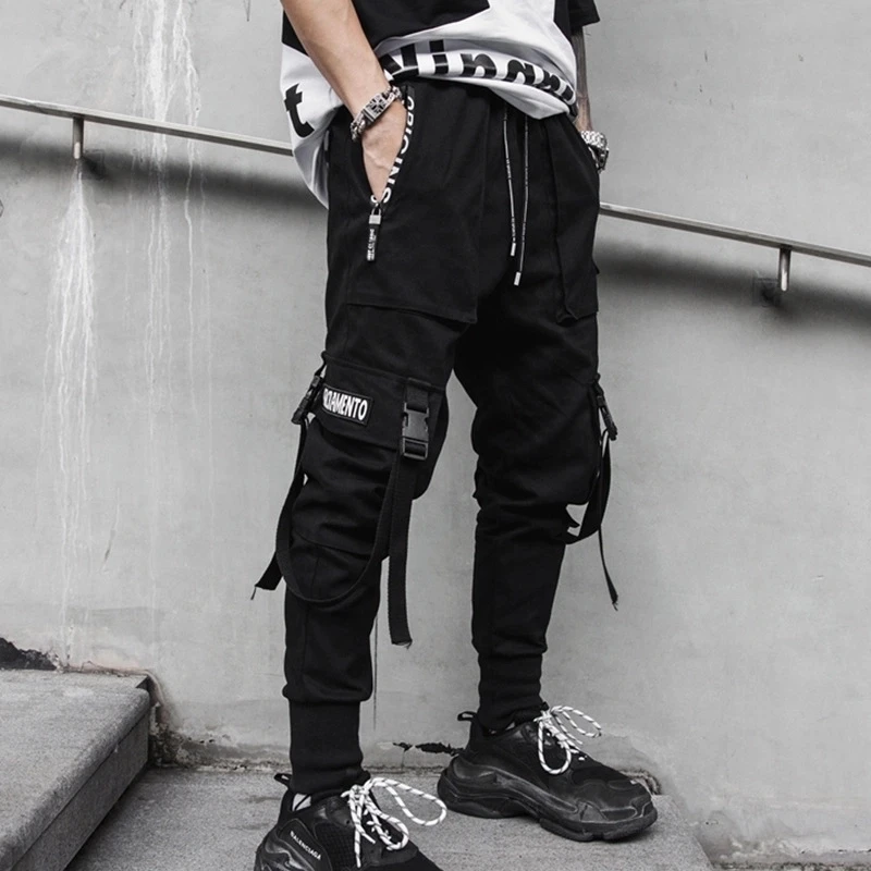 

2020 New Hip-Hop Jogger Men's Black Harem Overalls Multi-Pocket Ribbon Men's Sports Pants Streetwear Casual Men's Casual Pants